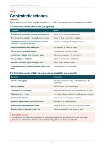 Página de contraindicaciones absolutas y relativas, en formato de tabla.