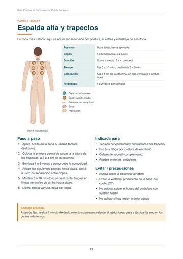 Ficha de espalda alta y trapecios con ilustración, parámetros y paso a paso.