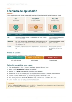 Página de técnicas de aplicación: fija, deslizante y pulsátil, con niveles de succión.